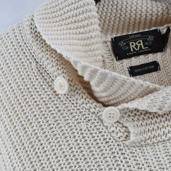 RRL Ralph Lauren sweater mens large Shawl Collar Cotton Knit beige jumper - Picture 4 of 13
